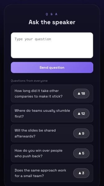 The participant's phone screen, with a question box above everyone else's questions and their upvote buttons